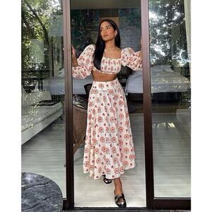 Malie Organic Cotton Dolce White Pink Print Midi Skirt UK 10 US 6